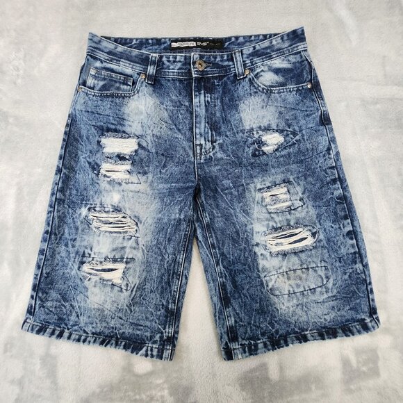 Brooklyn Xpress Jean Shorts 34 Blue Distressed Streetwear Acid Wash Y2k Grunge - Picture 1 of 11